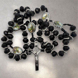 St. Jude Rosary 19” Black Faceted Beads Silver Crucifix Catholic Prayer Beads